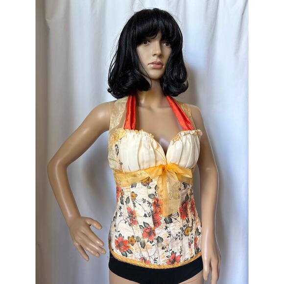 Vintage Handmade Floral Halter Lace-Up Corset Top with Ribbon Ties small - Picture 15 of 16